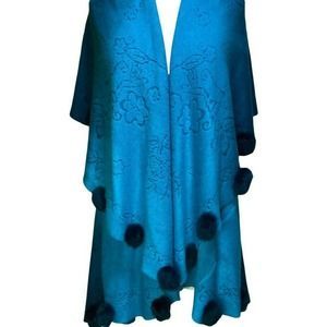 Teal Blue Poncho Open Front Cardigan Pom-Pom Sleeveless Cape Wrap